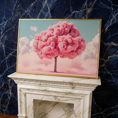 Pink Tree Canvas Print with Pastel Sky in yellow gold floating frame
