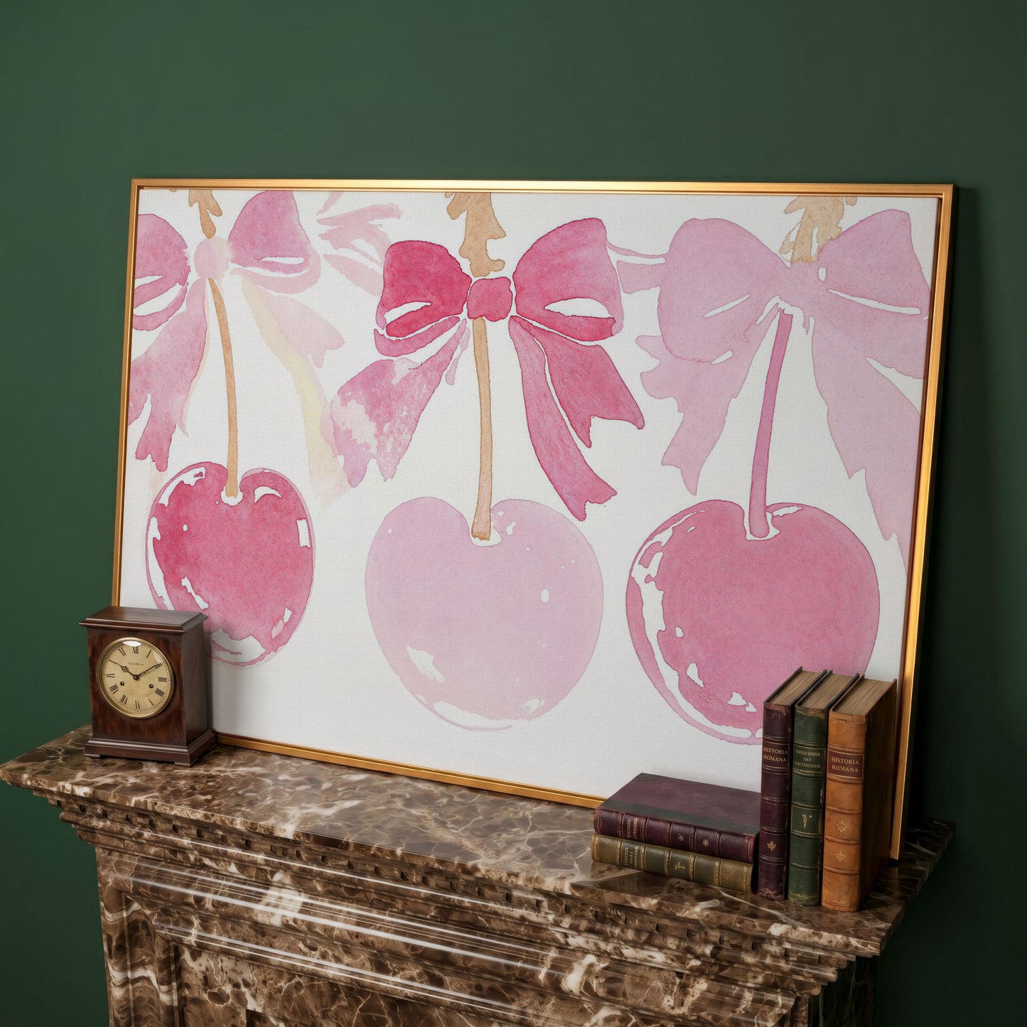 Romantic Cherry Watercolor Canvas Print in antique gold floating frame