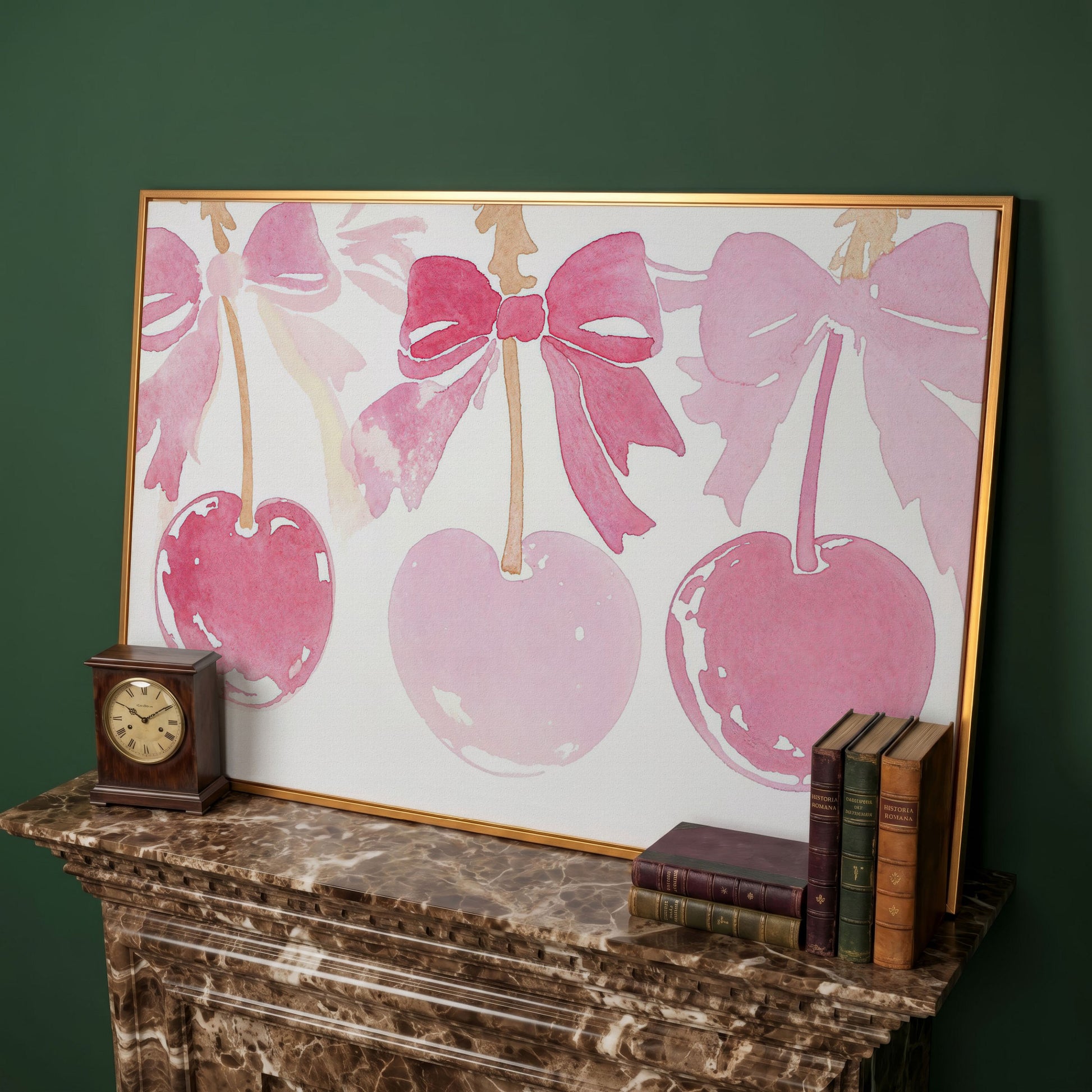 Romantic Cherry Watercolor Canvas Print in antique gold floating frame