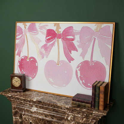 Romantic Cherry Watercolor Canvas Print in antique gold floating frame