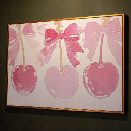 Romantic Cherry Watercolor Canvas Print shown in antique gold floating frame