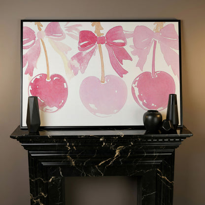 Romantic Cherry Watercolor Canvas Print in black floating frame