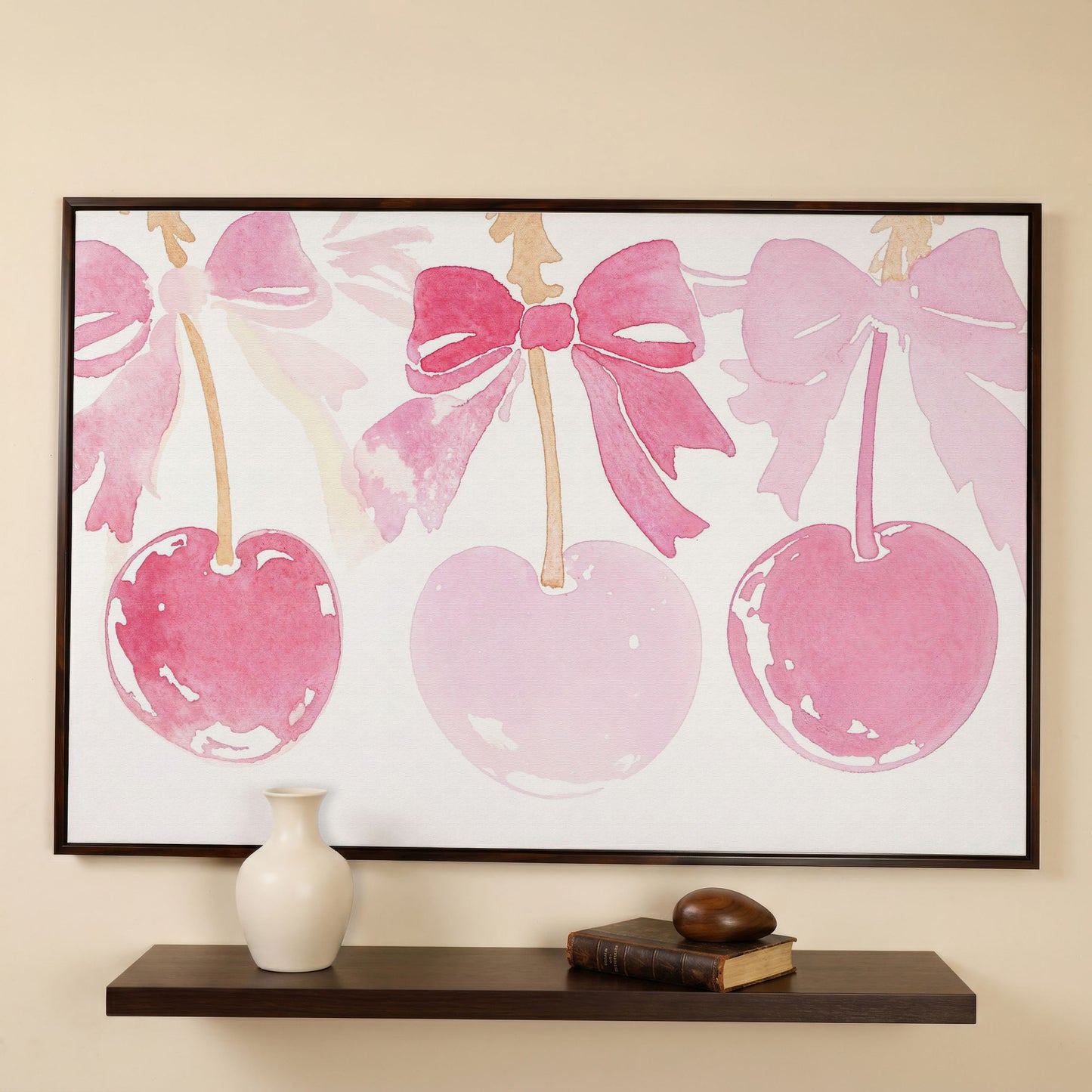 Romantic Cherry Watercolor Canvas Print in dark walnut floating frame