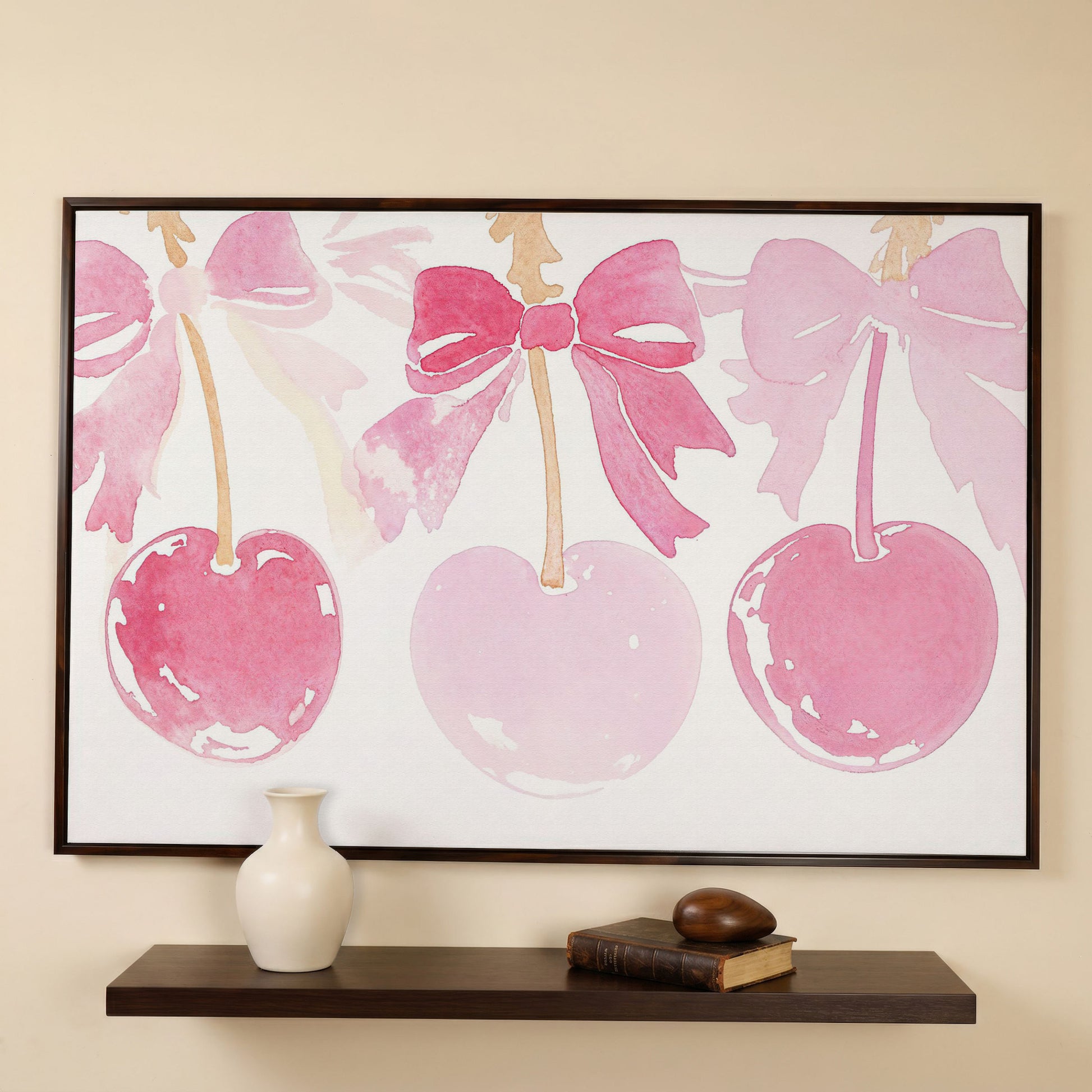Romantic Cherry Watercolor Canvas Print in dark walnut floating frame