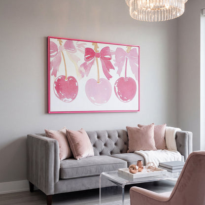 Romantic Cherry Watercolor Canvas Print in pink floating frame