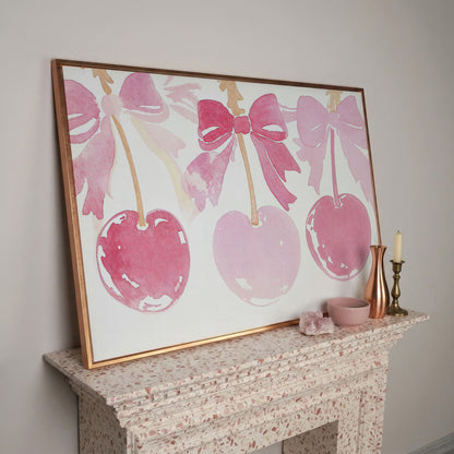 Romantic Cherry Watercolor Canvas Print in rose gold floating frame