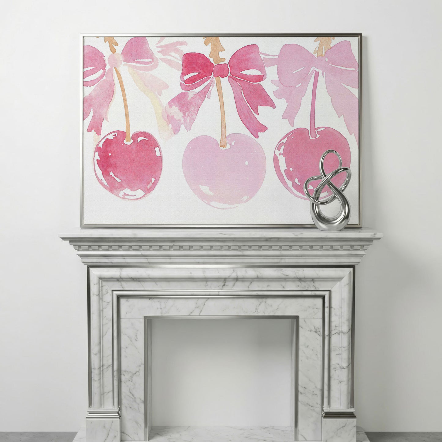 Romantic Cherry Watercolor Canvas Print in silver floating frame