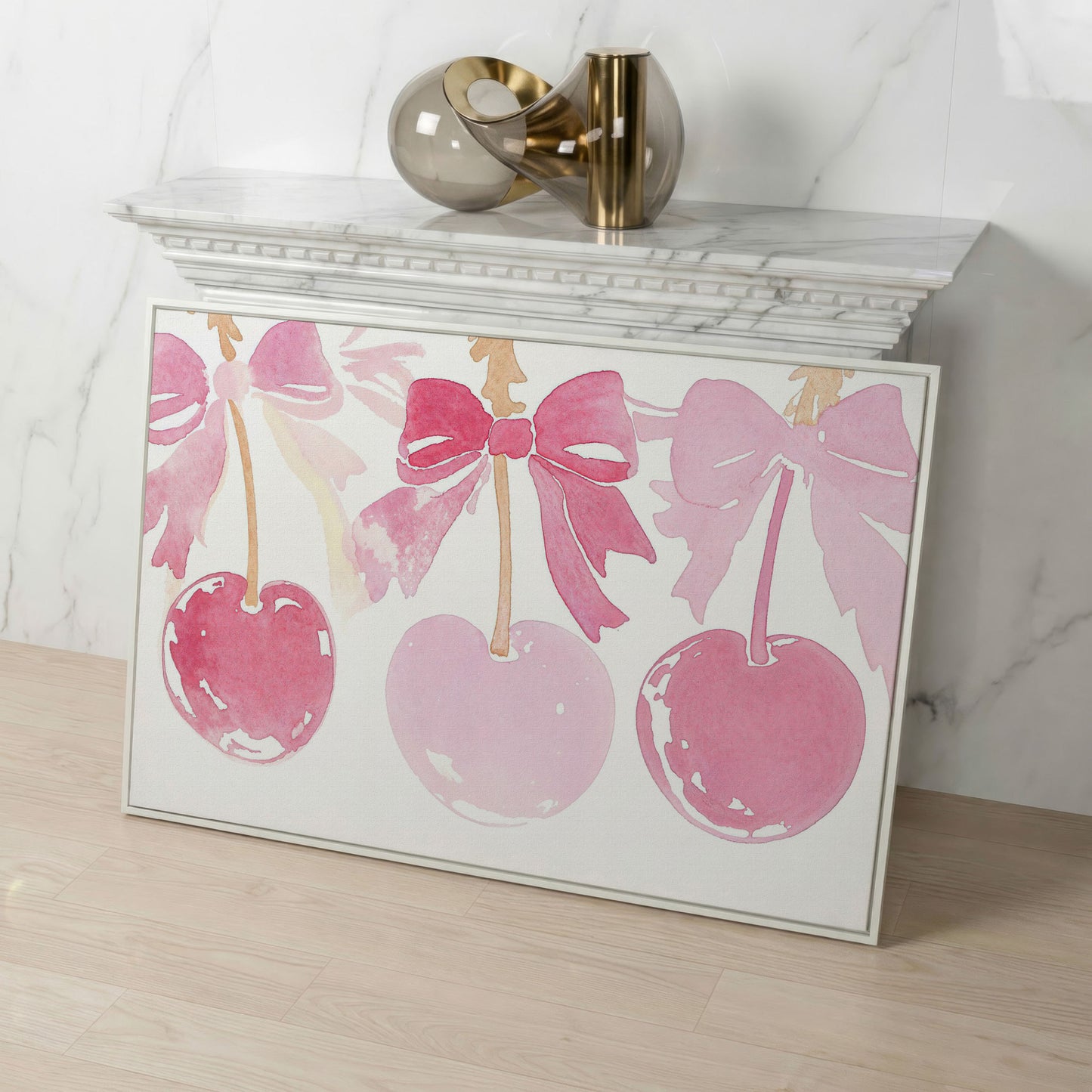 Romantic Cherry Watercolor Canvas Print in white floating frame