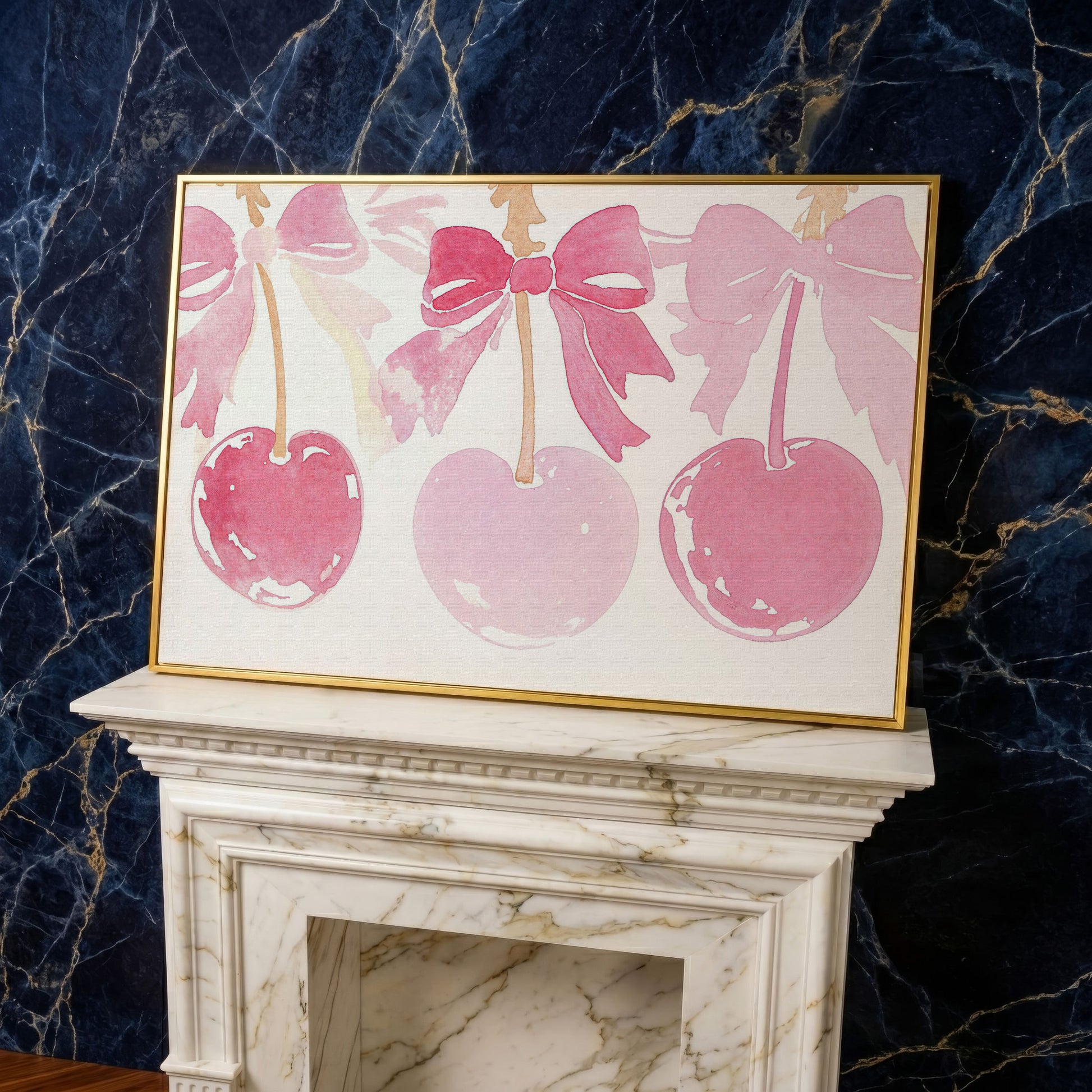 Romantic Cherry Watercolor Canvas Print in yellow gold floating frame
