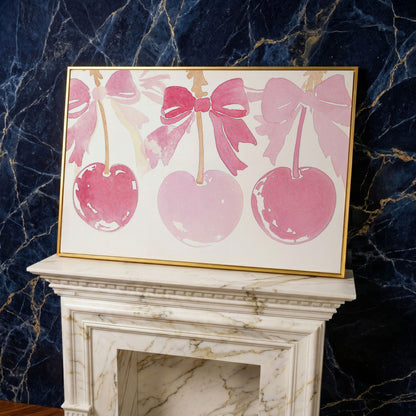 Romantic Cherry Watercolor Canvas Print in yellow gold floating frame