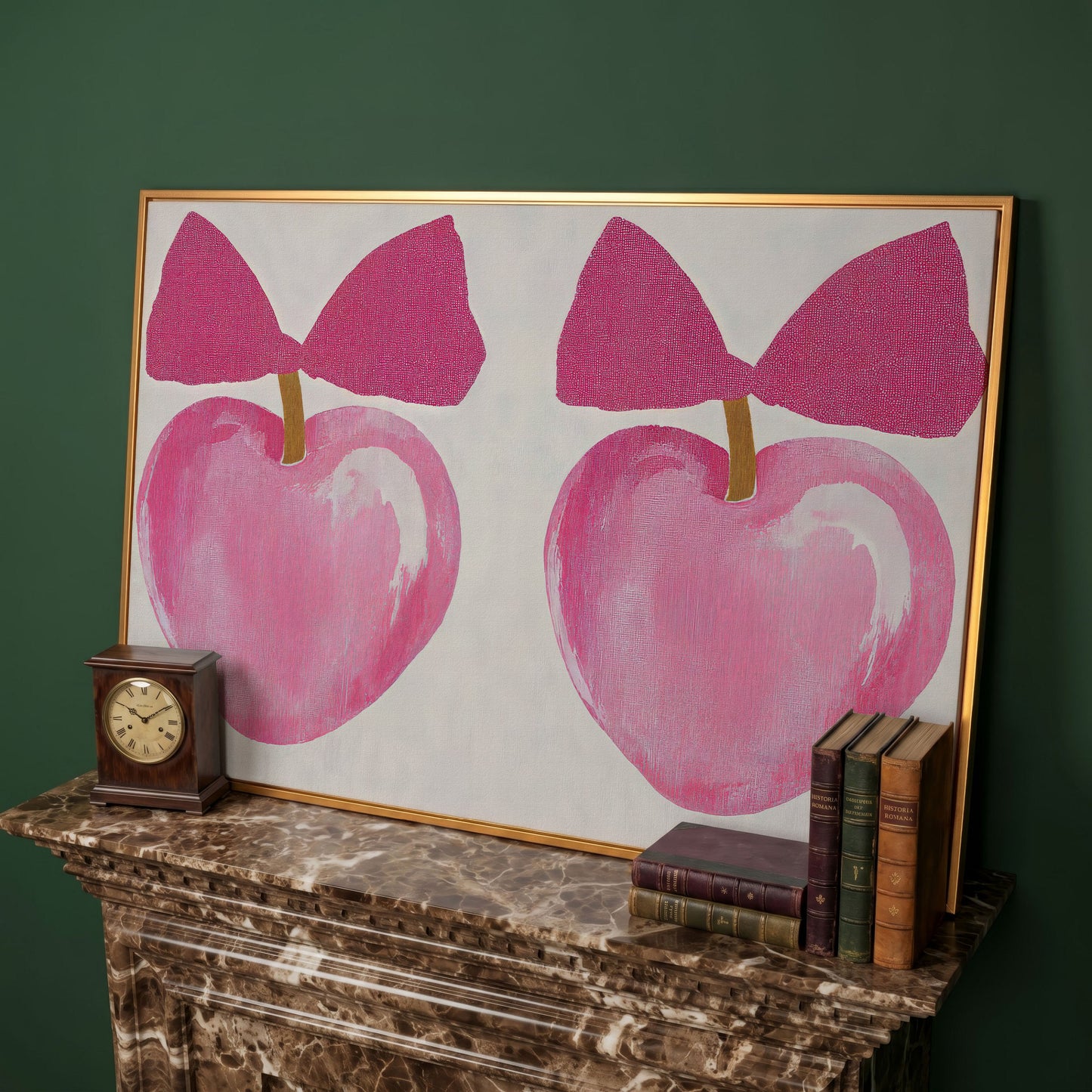 Romantic Hearts with Bows Canvas Print in Pink in antique gold floating frame