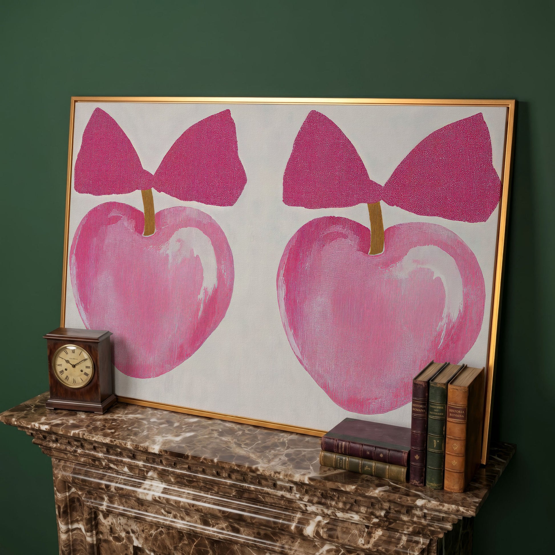 Romantic Hearts with Bows Canvas Print in Pink in antique gold floating frame