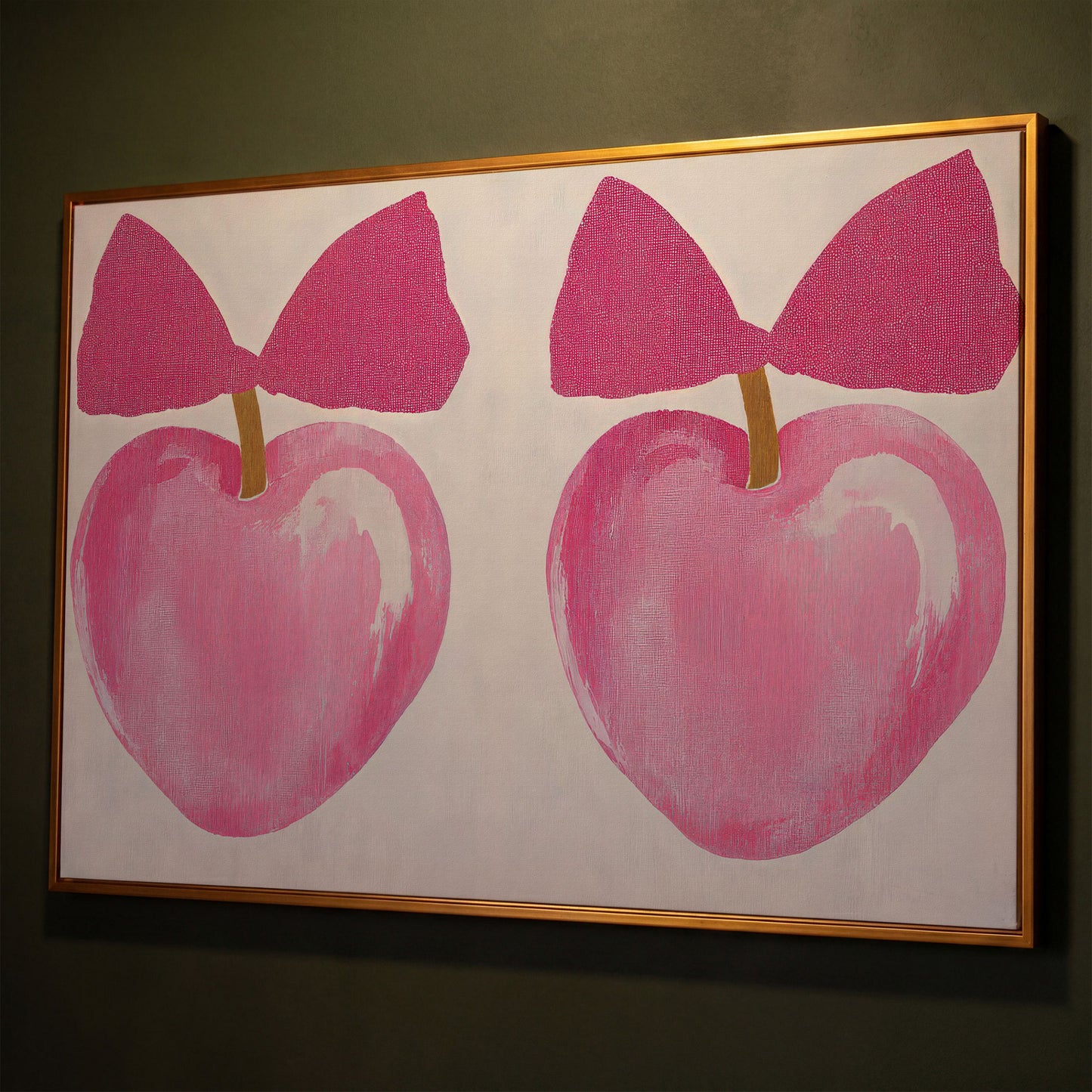 Romantic Hearts with Bows Canvas Print in Pink shown in antique gold floating frame