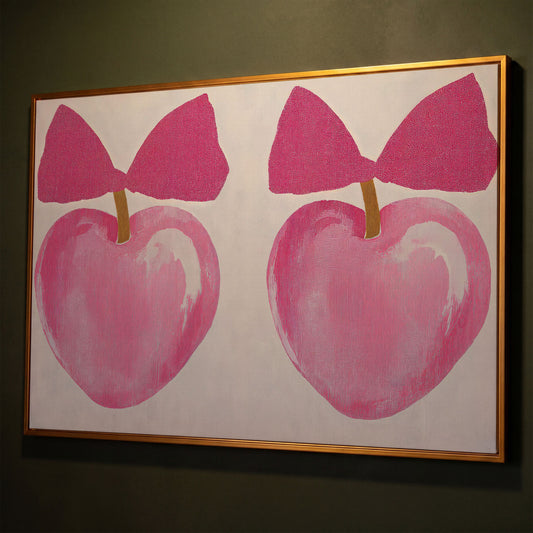 Romantic Hearts with Bows Canvas Print in Pink shown in antique gold floating frame