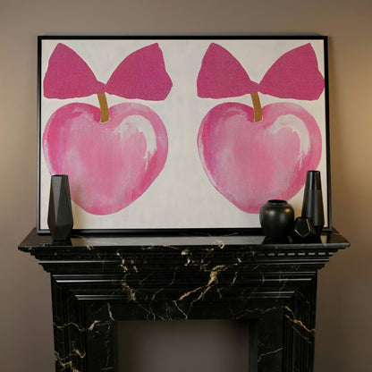 Romantic Hearts with Bows Canvas Print in Pink in black floating frame