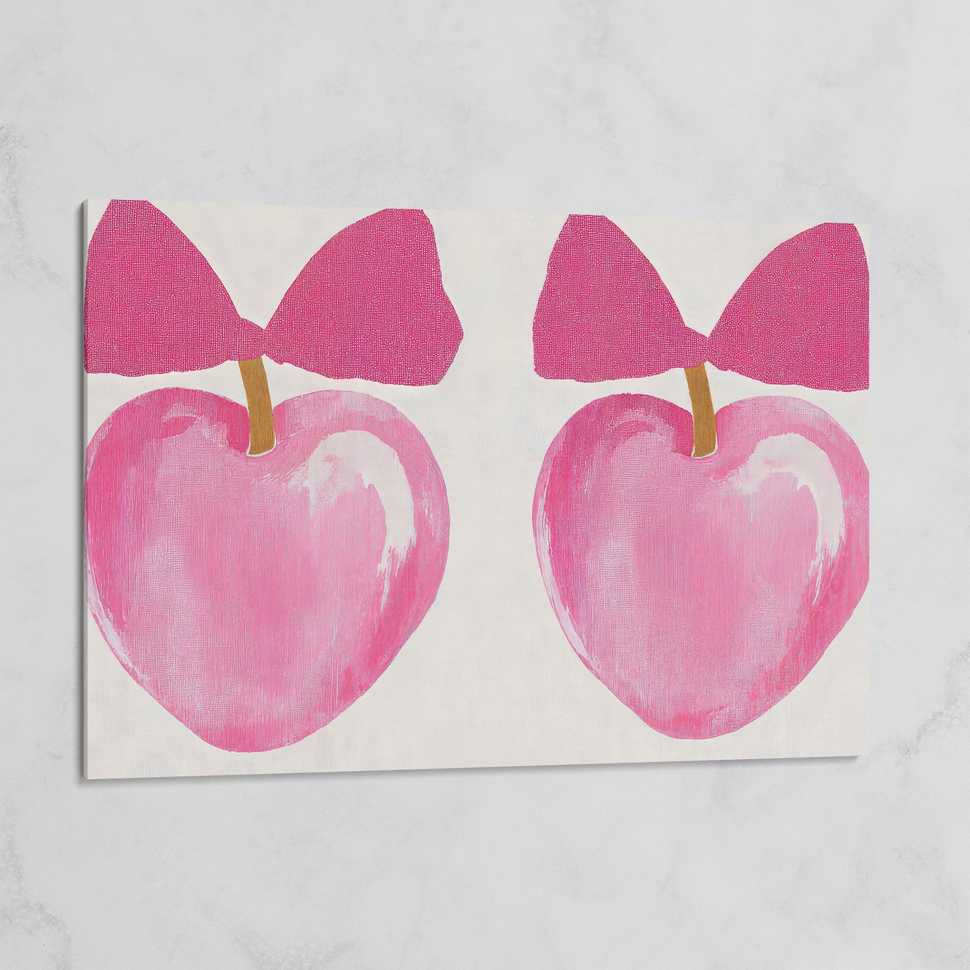 Romantic Hearts with Bows Canvas Print in Pink on gallery wrap