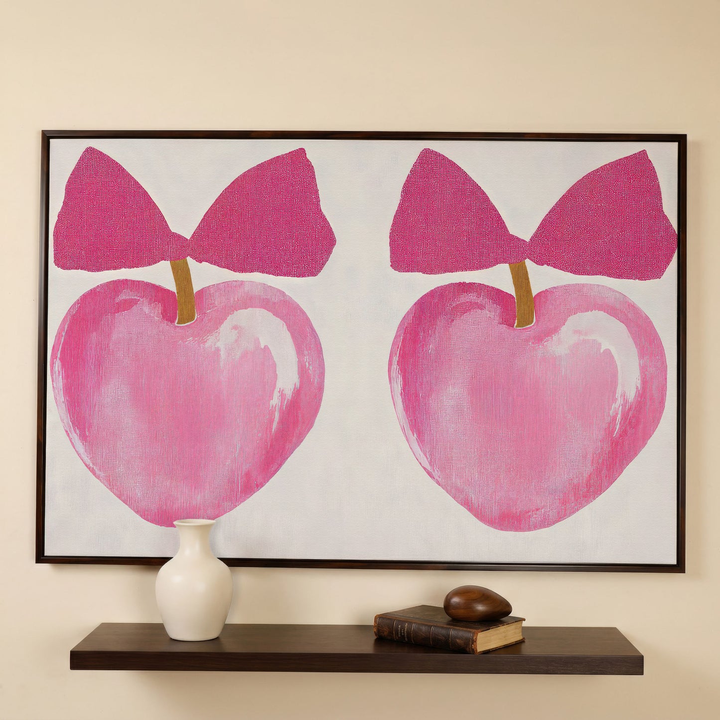 Romantic Hearts with Bows Canvas Print in Pink in dark walnut floating frame