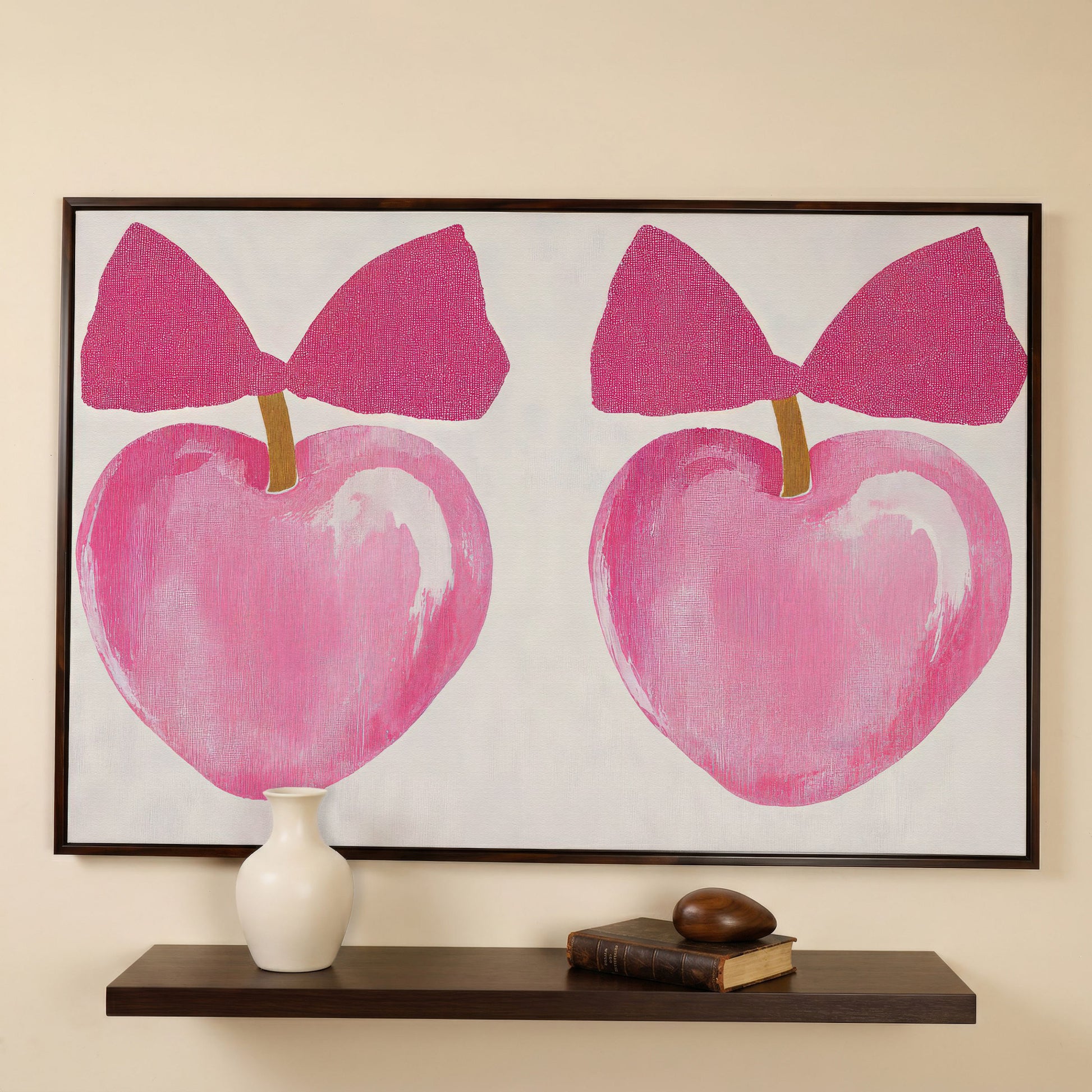 Romantic Hearts with Bows Canvas Print in Pink in dark walnut floating frame