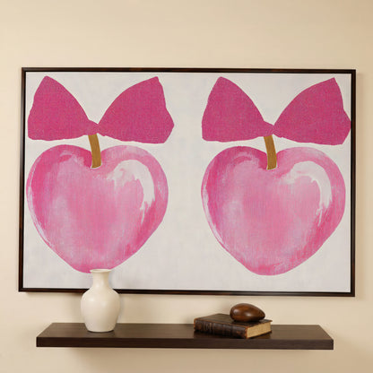 Romantic Hearts with Bows Canvas Print in Pink in dark walnut floating frame