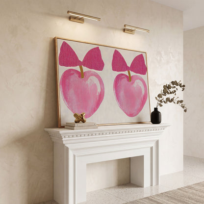 Romantic Hearts with Bows Canvas Print in Pink in white oak floating frame