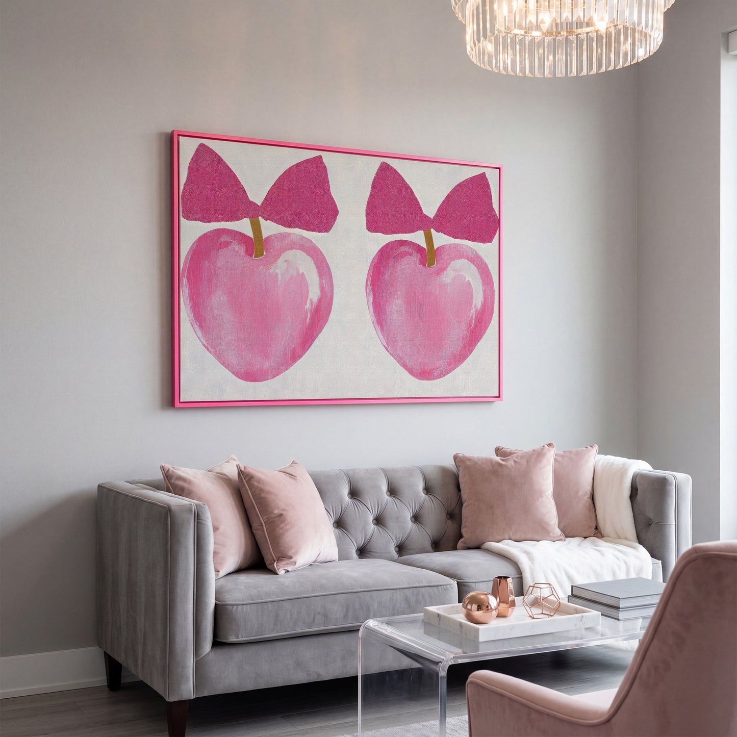 Romantic Hearts with Bows Canvas Print in Pink in pink floating frame