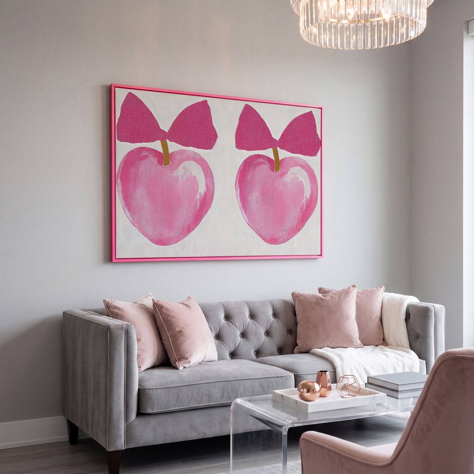 Romantic Hearts with Bows Canvas Print in Pink in pink floating frame