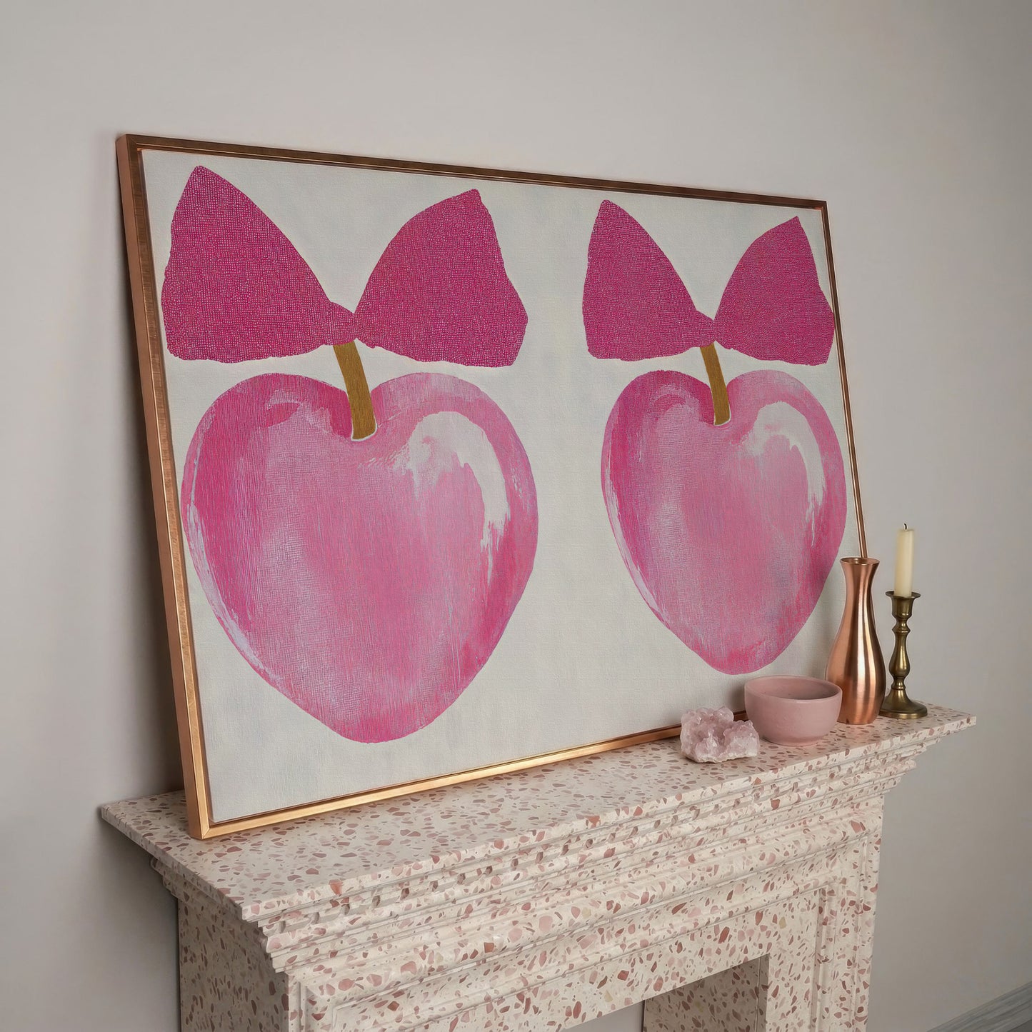 Romantic Hearts with Bows Canvas Print in Pink in rose gold floating frame