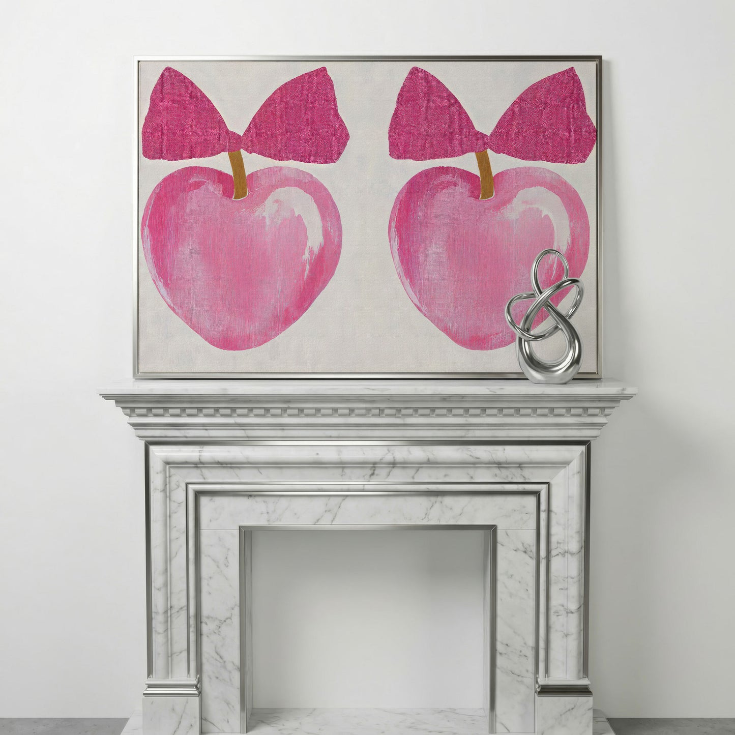 Romantic Hearts with Bows Canvas Print in Pink in silver floating frame