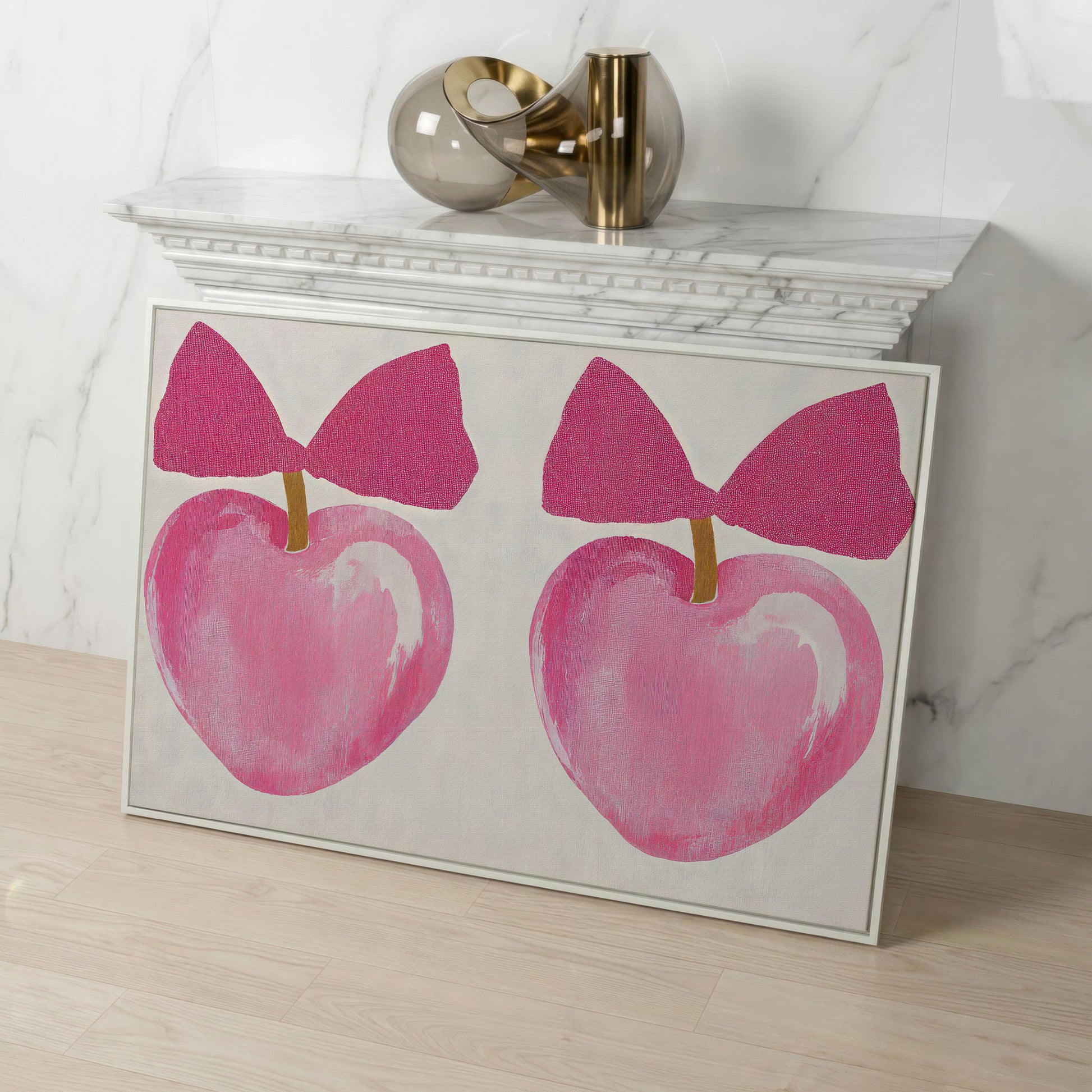 Romantic Hearts with Bows Canvas Print in Pink in white floating frame