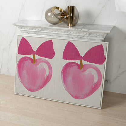 Romantic Hearts with Bows Canvas Print in Pink in white floating frame
