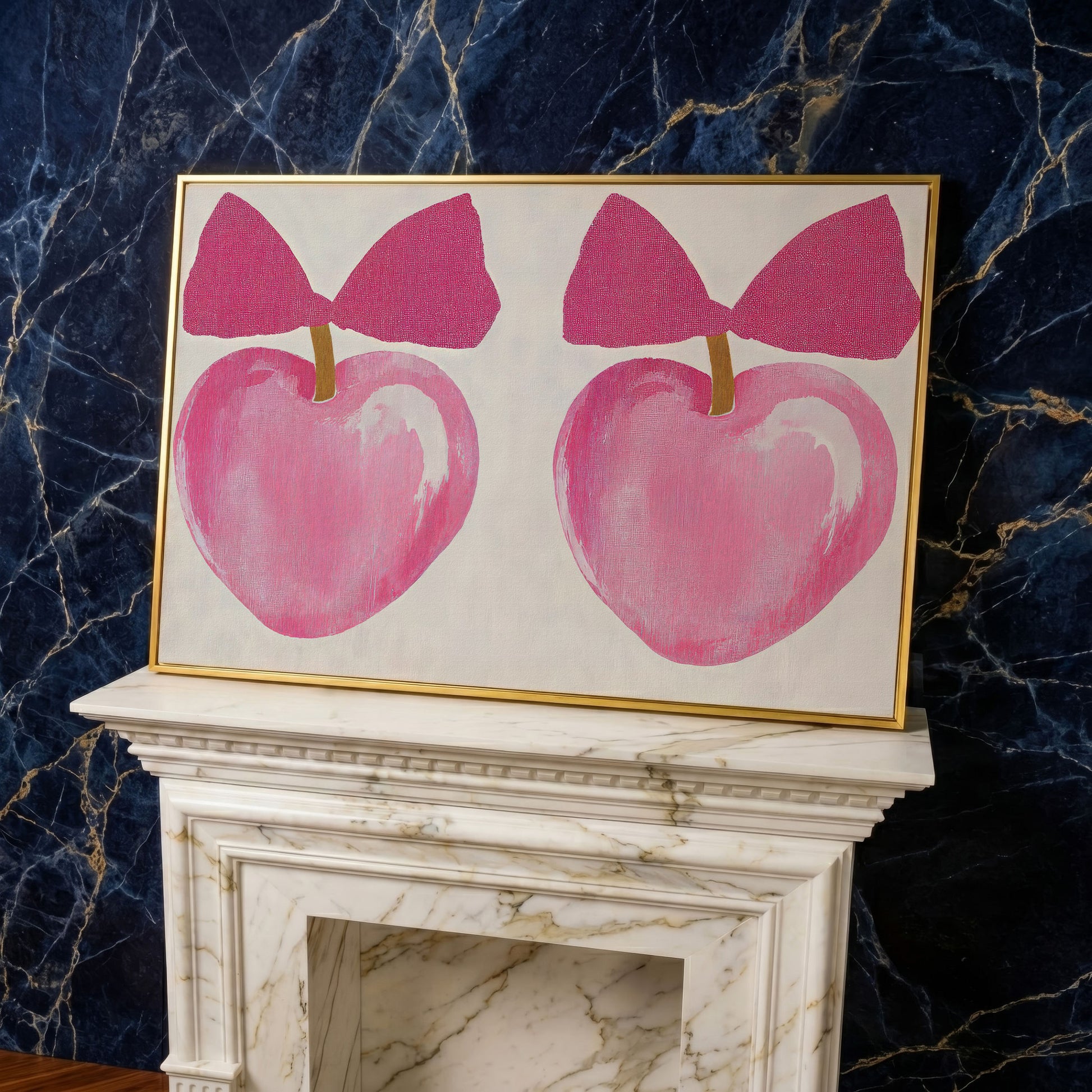 Romantic Hearts with Bows Canvas Print in Pink in yellow gold floating frame