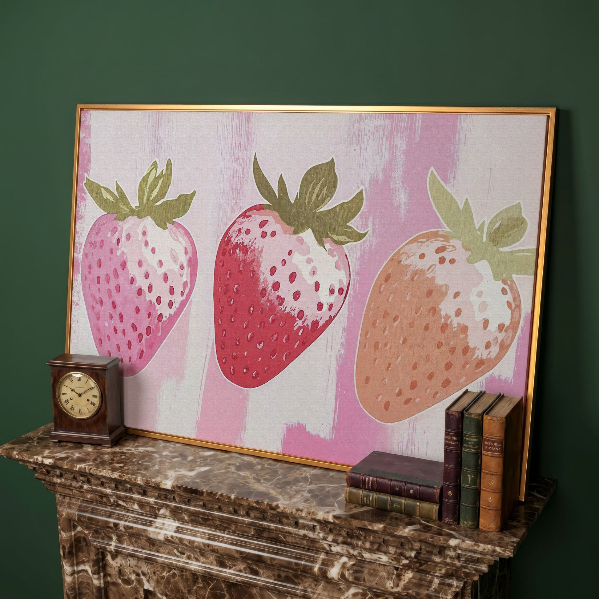 Three Pink Strawberries Canvas Print in antique gold floating frame
