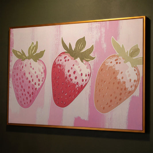 Three Pink Strawberries Canvas Print shown in antique gold floating frame