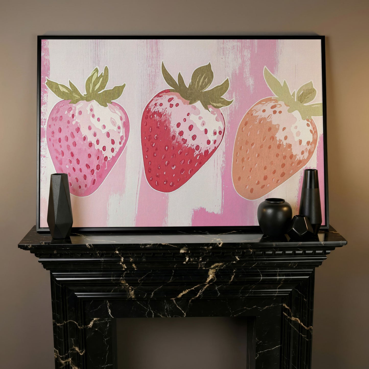 Three Pink Strawberries Canvas Print in black floating frame