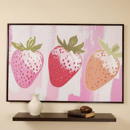 Three Pink Strawberries Canvas Print in dark walnut floating frame