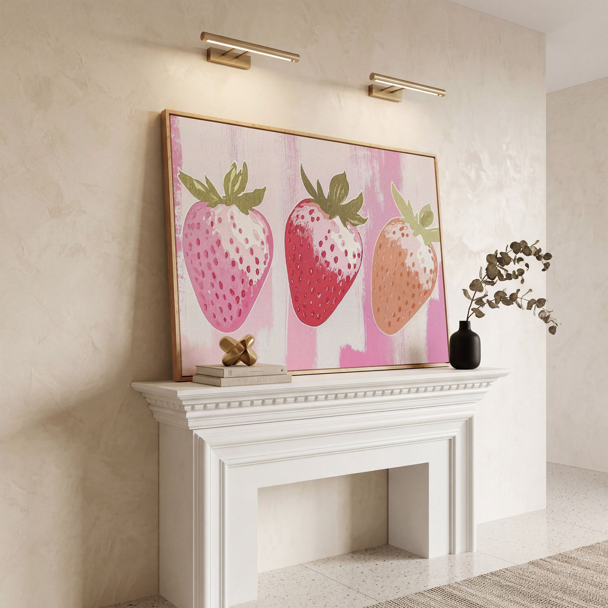 Three Pink Strawberries Canvas Print in white oak floating frame