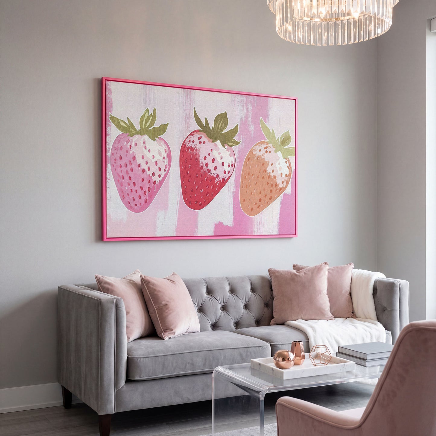 Three Pink Strawberries Canvas Print in pink floating frame