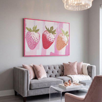 Three Pink Strawberries Canvas Print in pink floating frame