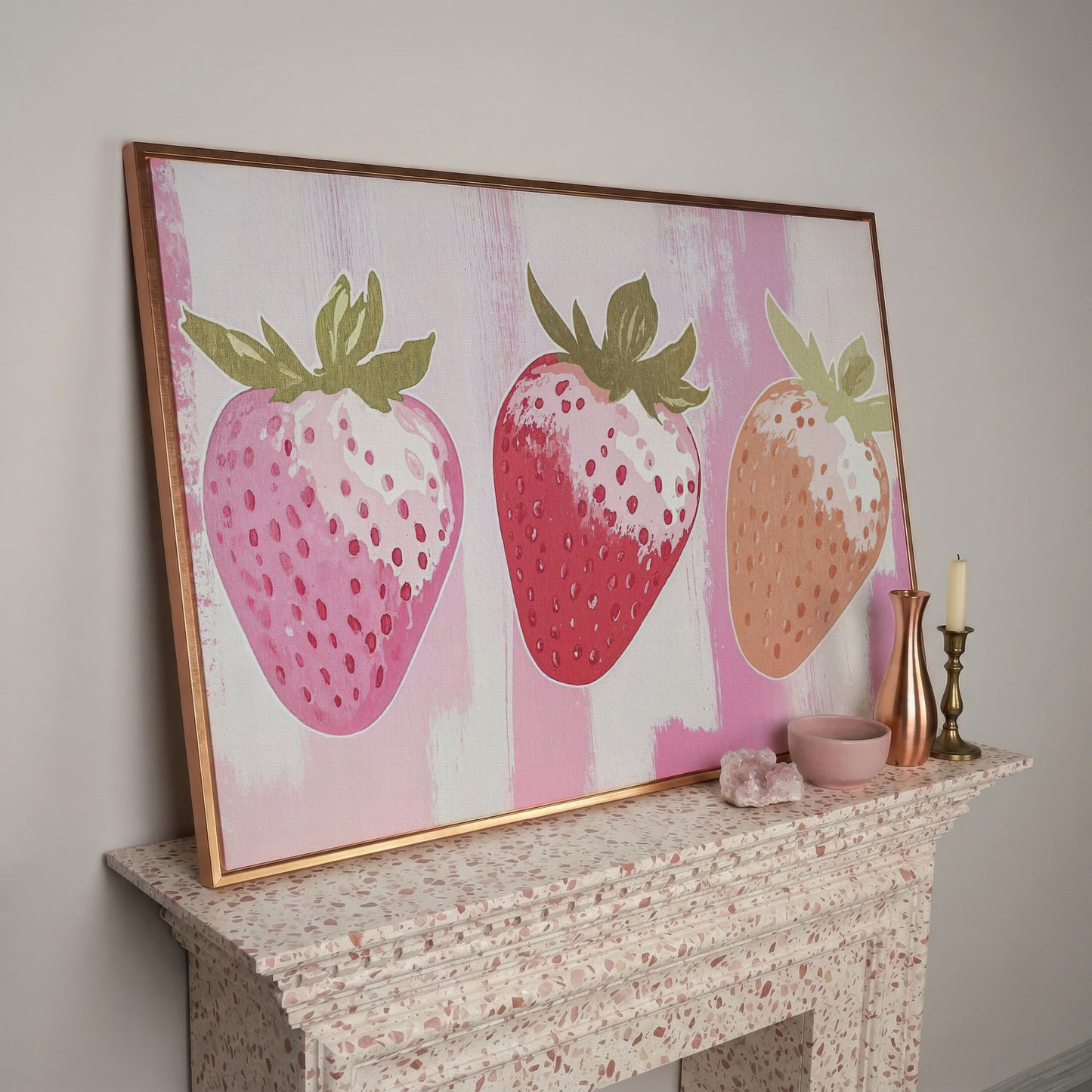 Three Pink Strawberries Canvas Print in rose gold floating frame