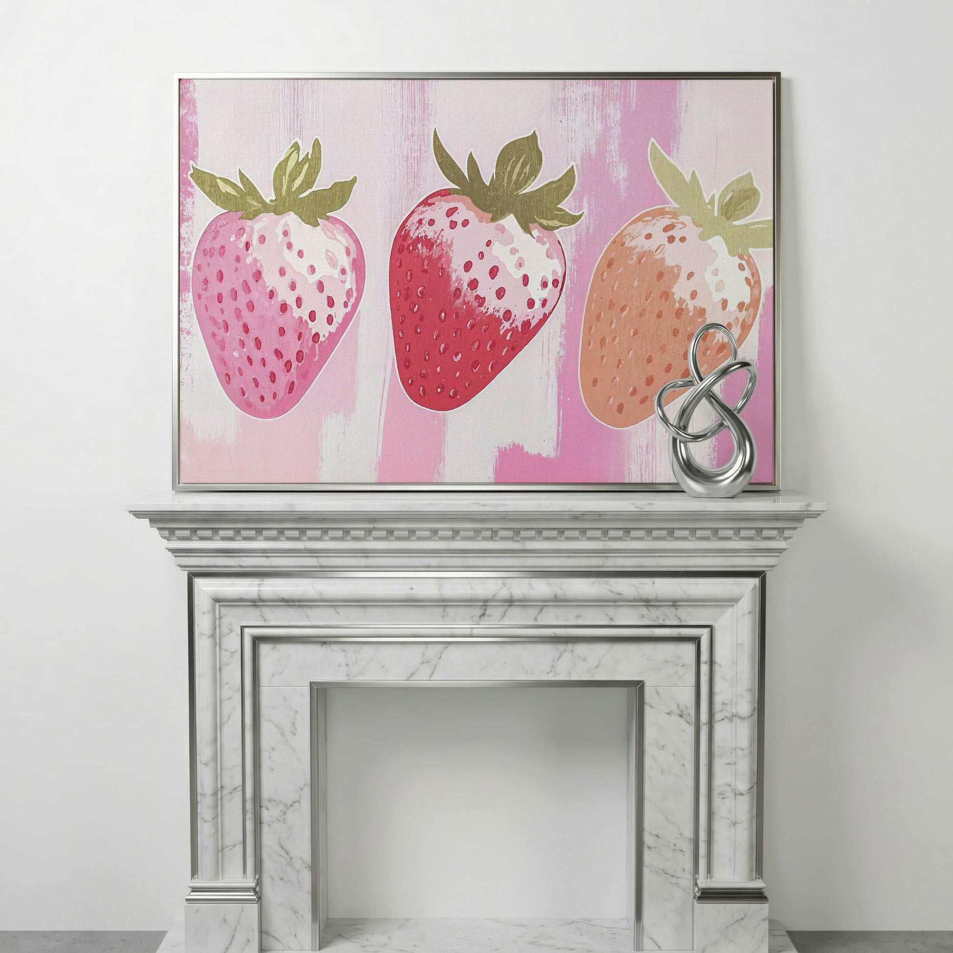 Three Pink Strawberries Canvas Print in silver floating frame