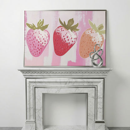 Three Pink Strawberries Canvas Print in silver floating frame