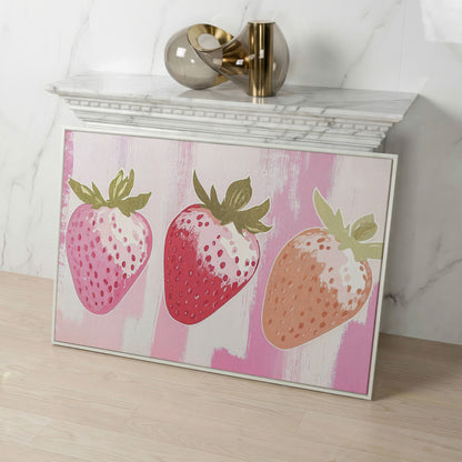 Three Pink Strawberries Canvas Print in white floating frame