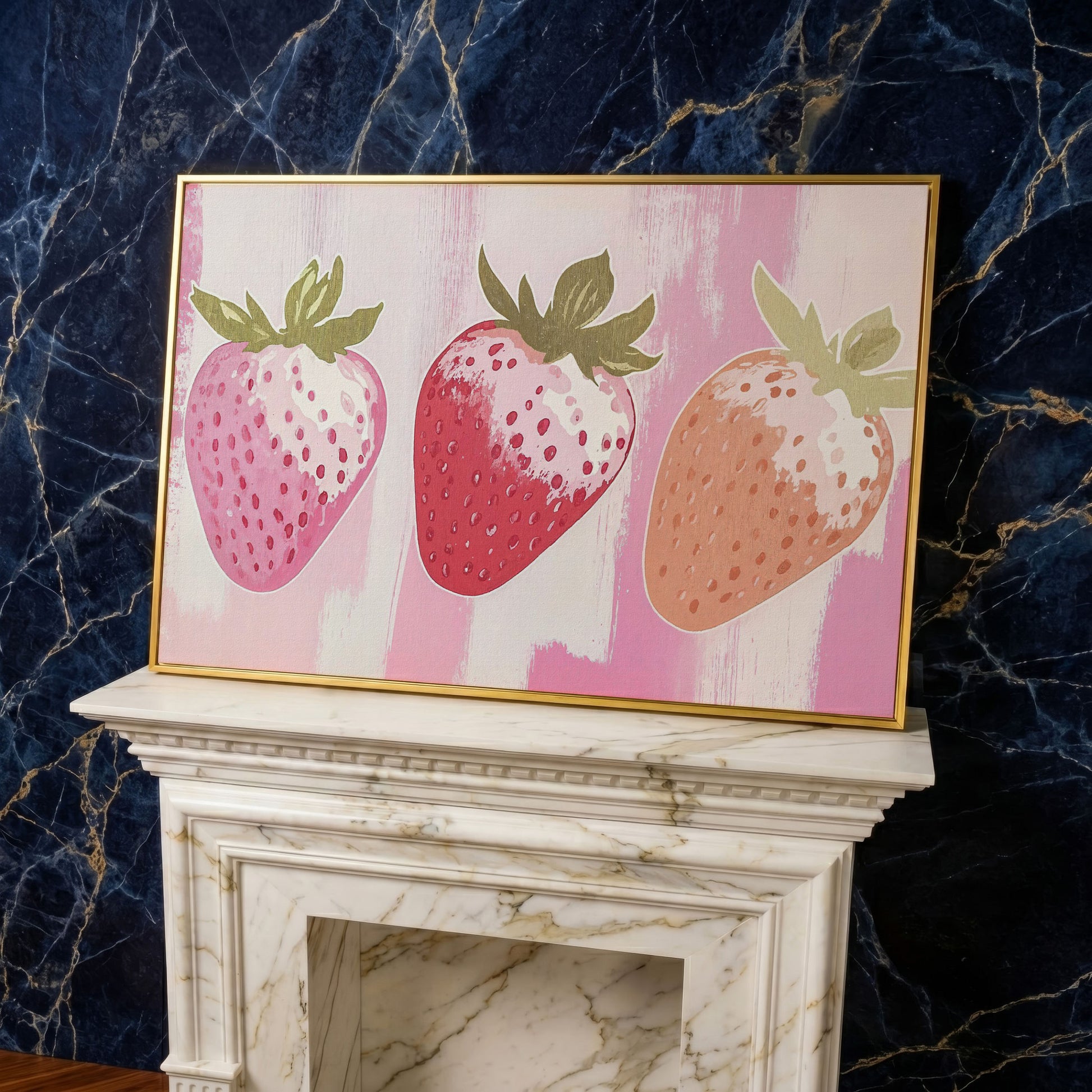 Three Pink Strawberries Canvas Print in yellow gold floating frame