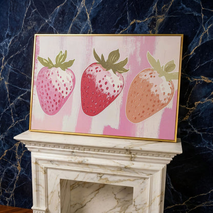 Three Pink Strawberries Canvas Print in yellow gold floating frame