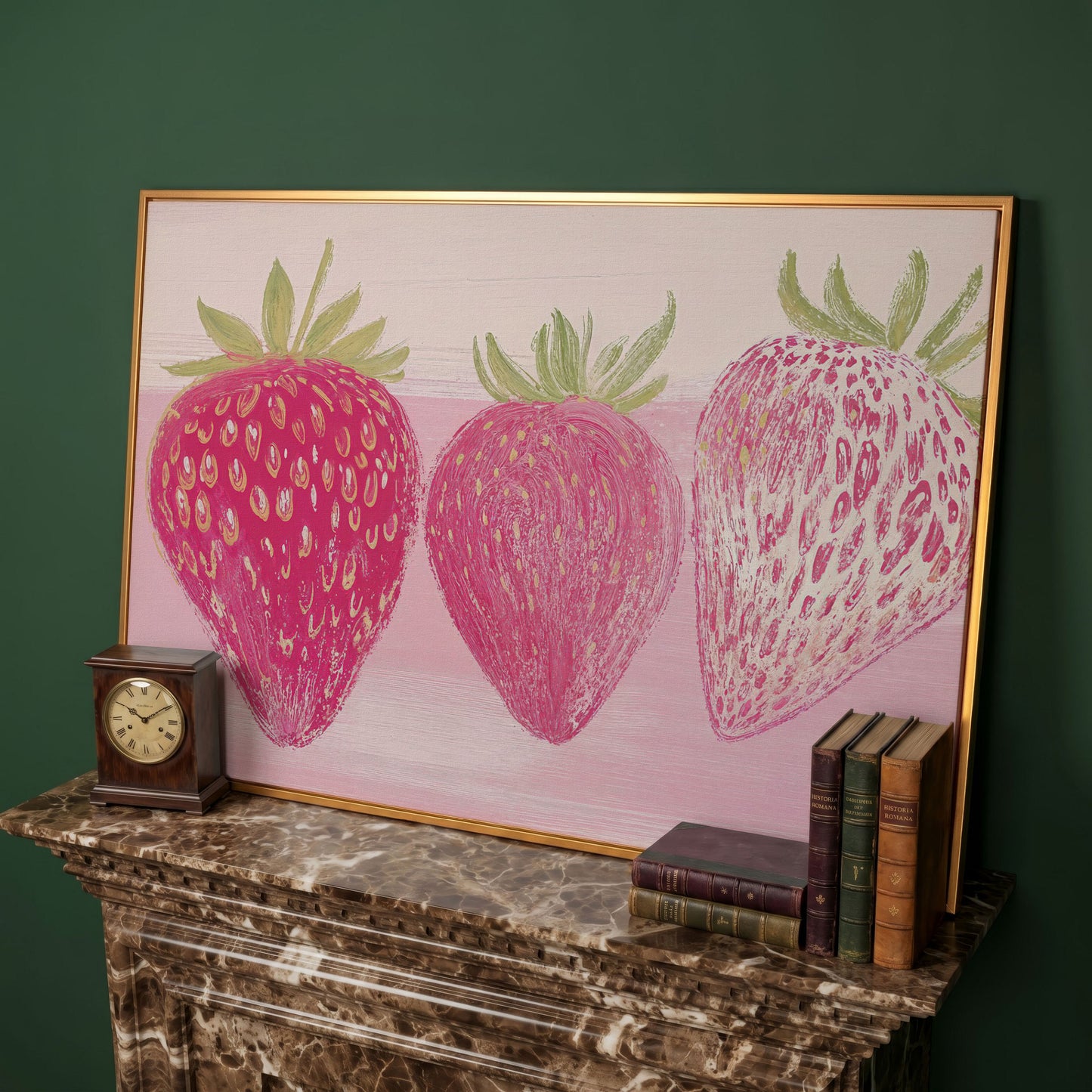Whimsical Strawberry Canvas Print for Modern Kitchen in antique gold floating frame