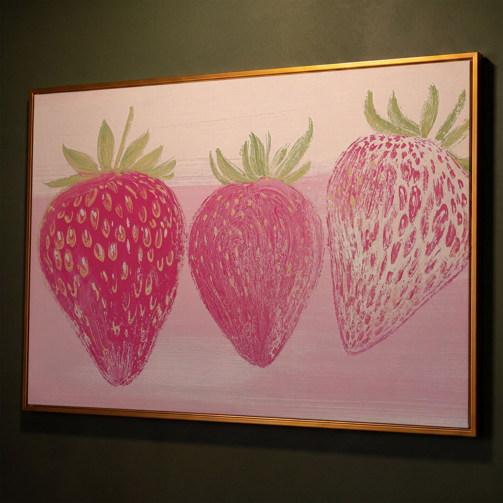 Whimsical Strawberry Canvas Print for Modern Kitchen shown in antique gold floating frame