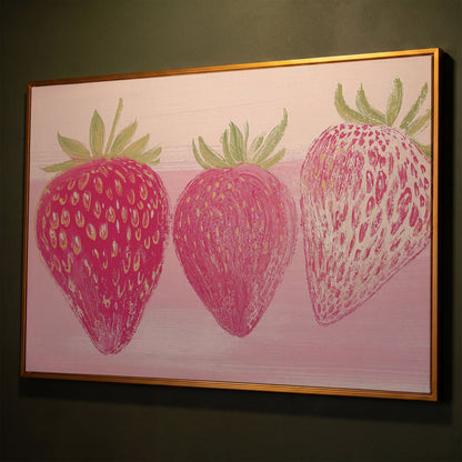 Whimsical Strawberry Canvas Print for Modern Kitchen shown in antique gold floating frame
