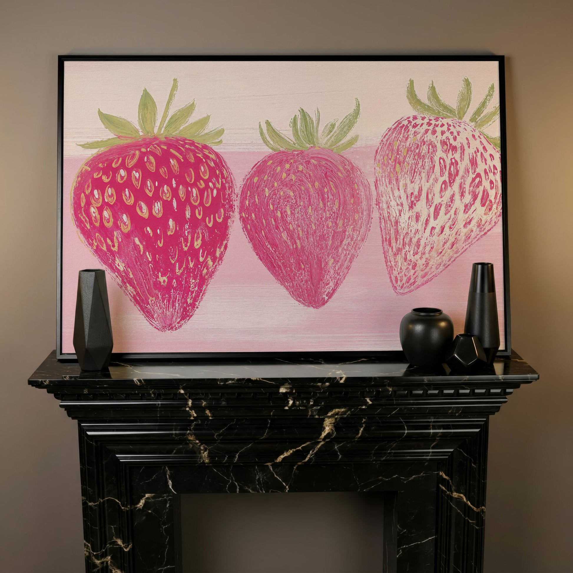 Whimsical Strawberry Canvas Print for Modern Kitchen in black floating frame