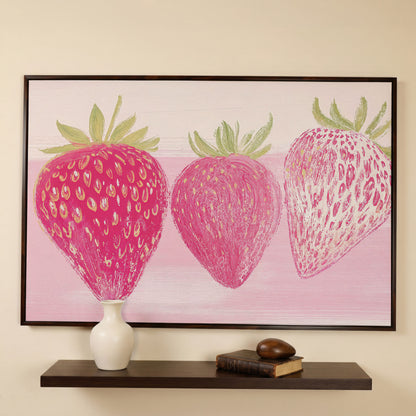Whimsical Strawberry Canvas Print for Modern Kitchen in dark walnut floating frame