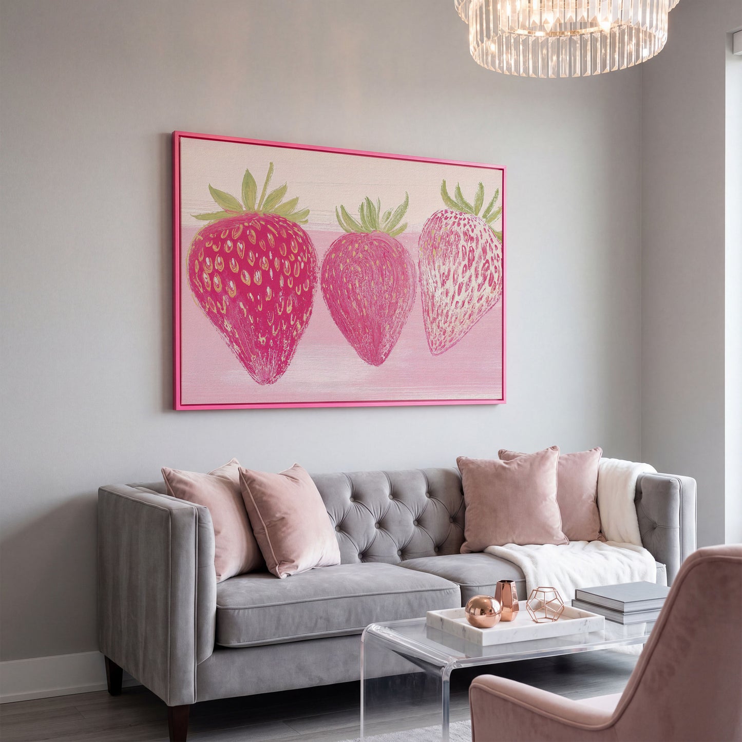 Whimsical Strawberry Canvas Print for Modern Kitchen in pink floating frame